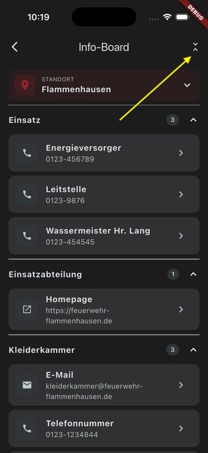 Screenshot: Info-Board mit neuem Auf-/Zuklapp-Button