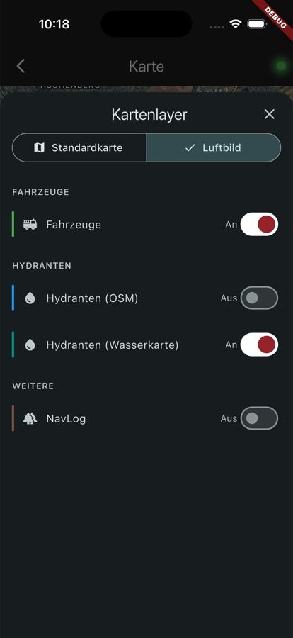Screenshot: Neues Kartenlayer-Menü mit Fahrzeugen, Hydranten und NavLog