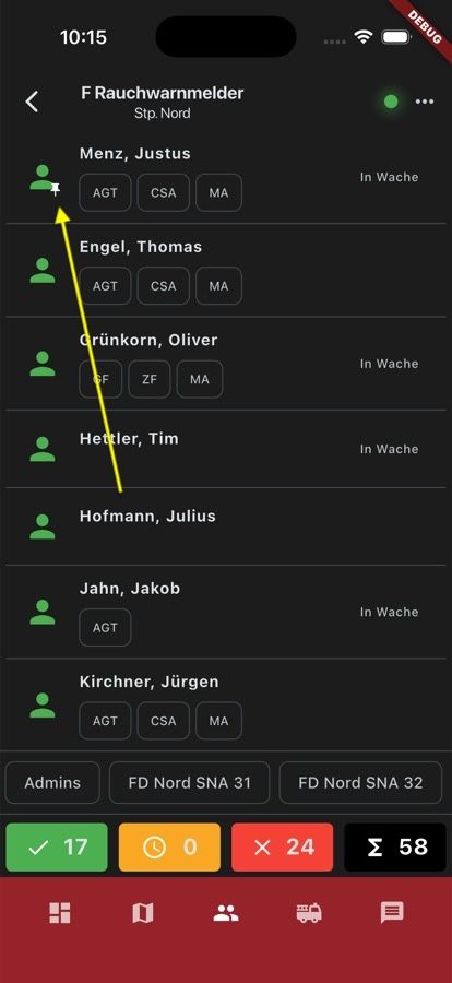 Screenshot: Angepinnte Person oben in der Personenliste eines Einsatzes