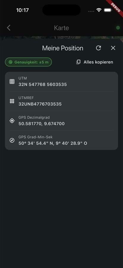 Screenshot: „Meine Position" mit UTM-, UTMREF- und GPS-Koordinaten