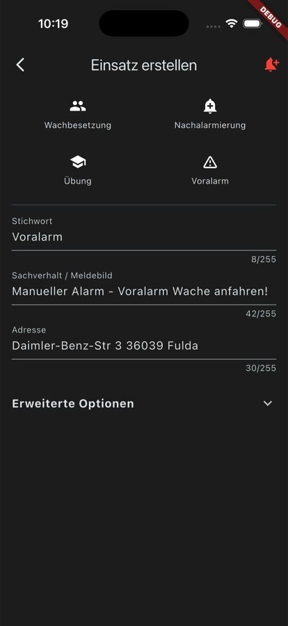 Screenshot: Schnellvorlage „Voralarm" beim Einsatz erstellen