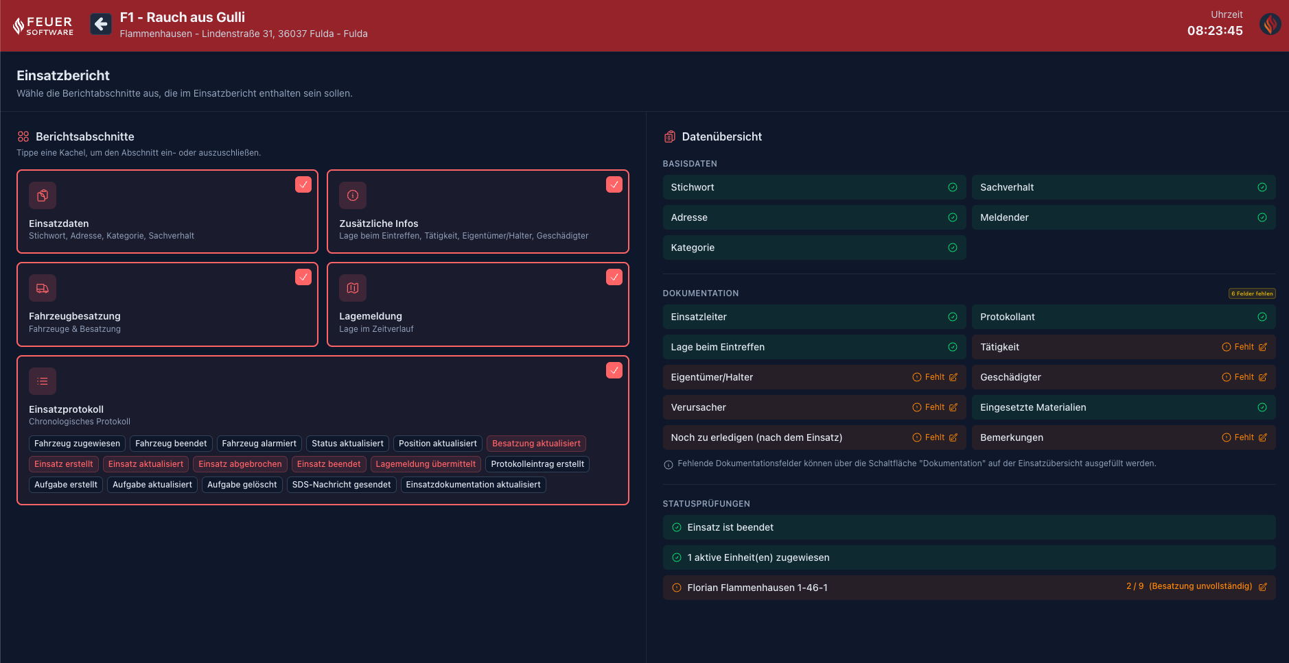 Screenshot: Einsatzbericht mit Hinweisen auf fehlende Informationen