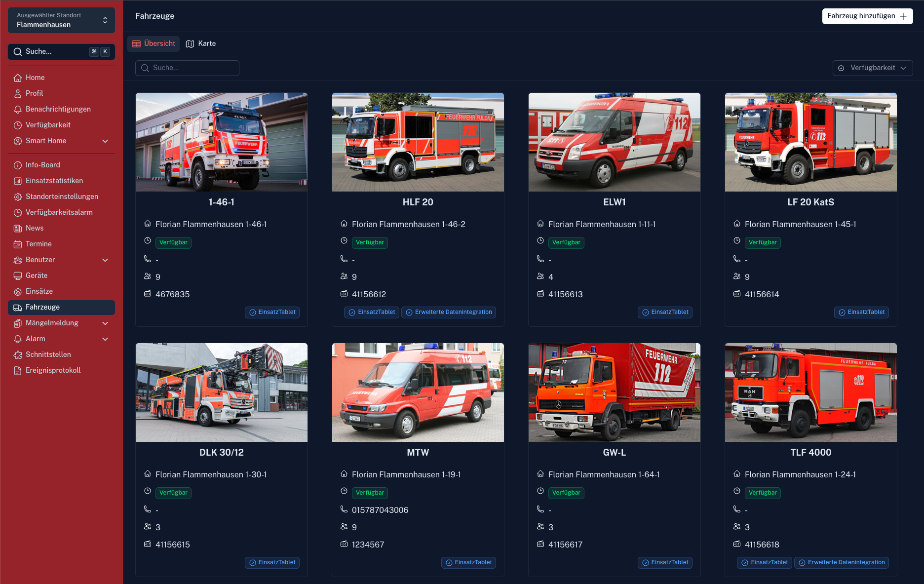 Screenshot: Fahrzeugübersicht mit Anzeige des EinsatzTablet-Status