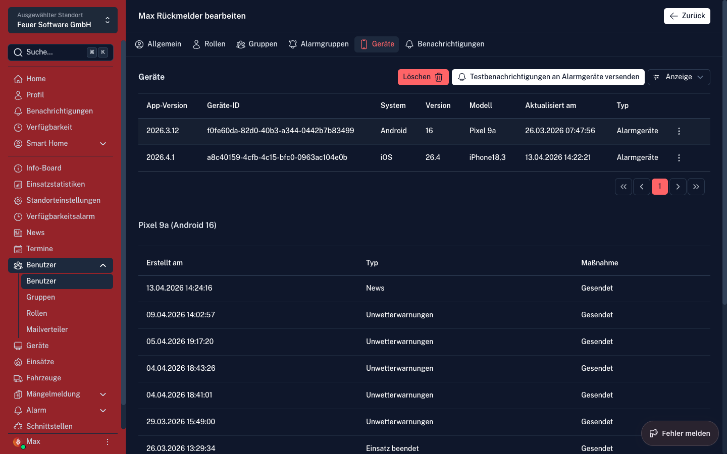 Screenshot: Benutzer – Tab Geräte