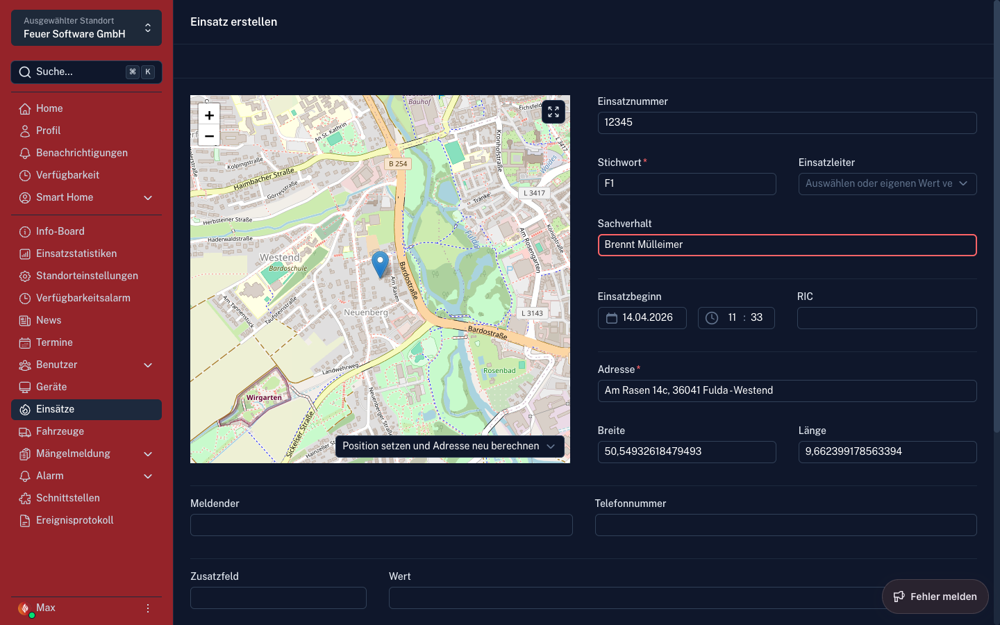 Screenshot: Einsatz anlegen