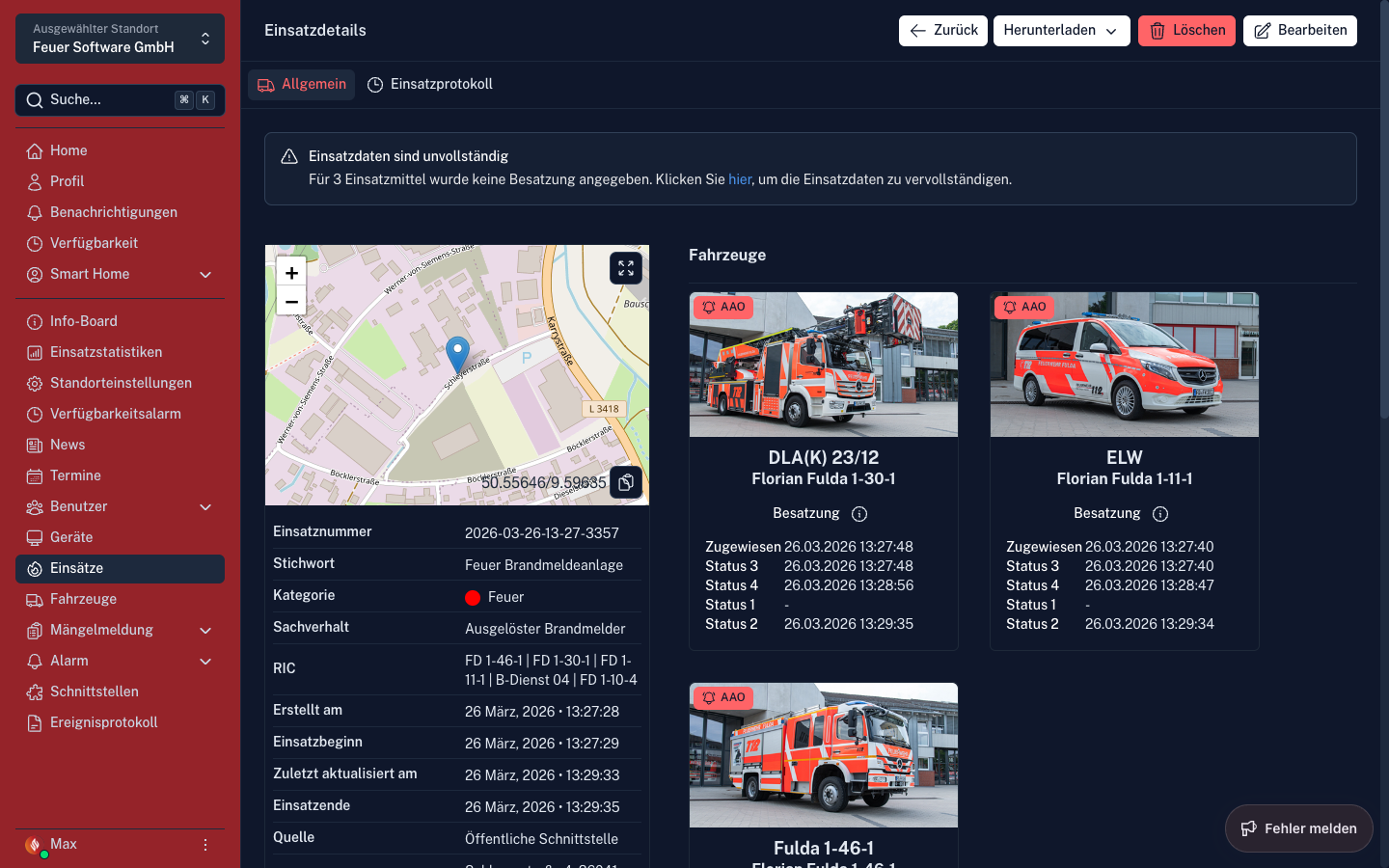 Screenshot: Einsatz-Detailansicht