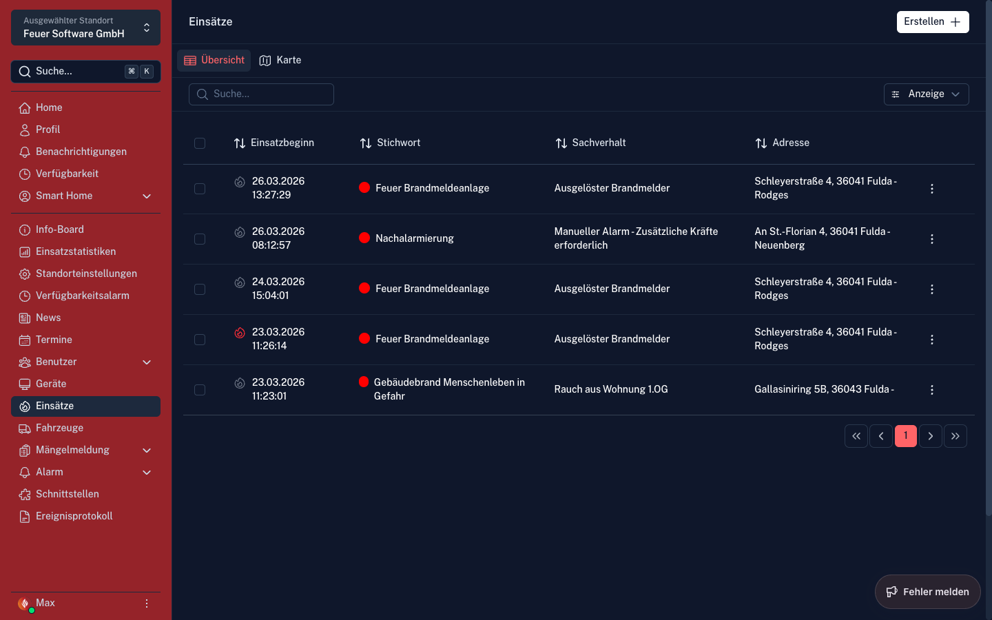 Screenshot: Einsatzübersicht
