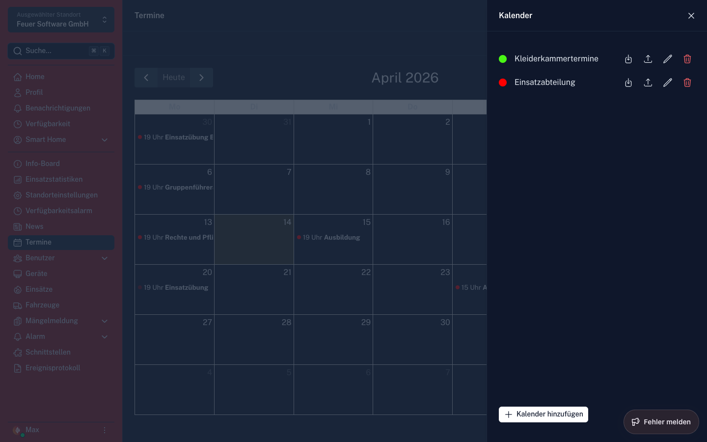 Screenshot: Kalender verwalten