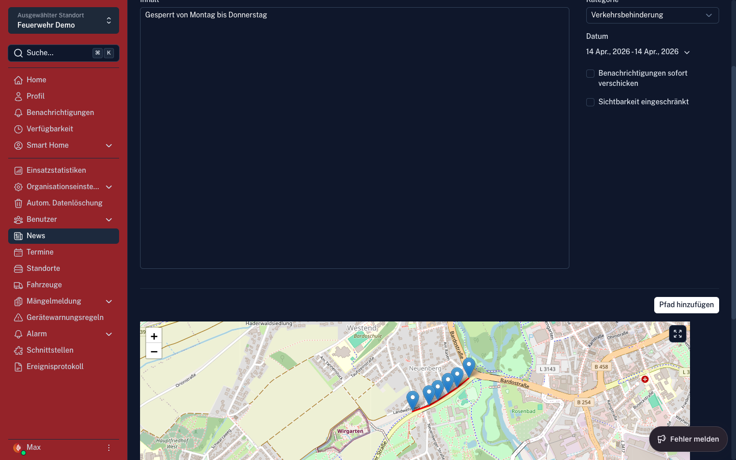 Screenshot: Verkehrsbehinderung Pfad einzeichnen