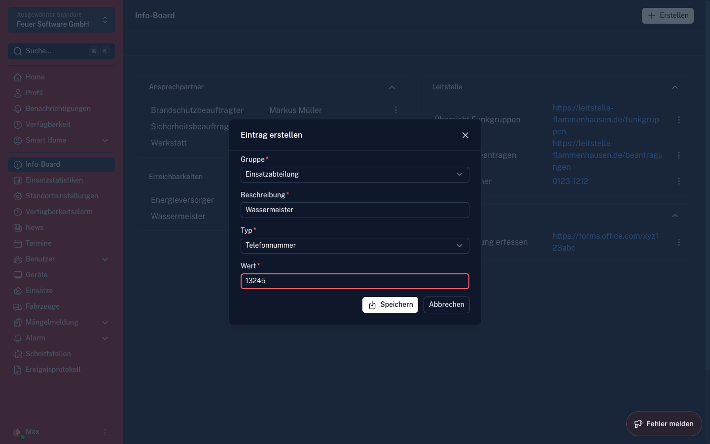 Screenshot: Infoboard-Eintrag anlegen