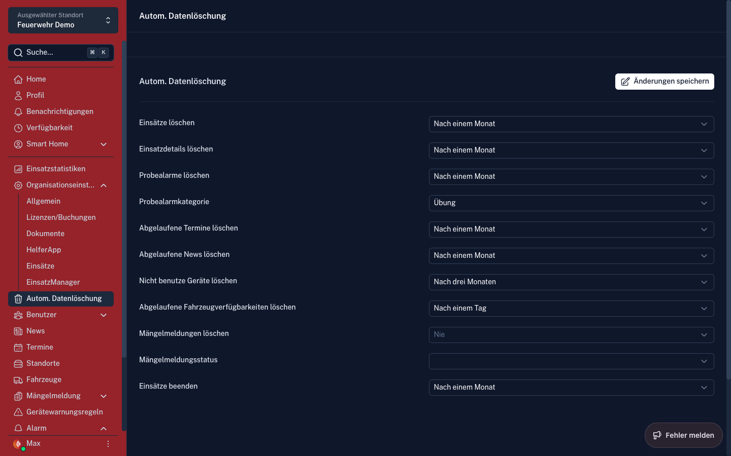 Screenshot: Automatisches Datenlöschen