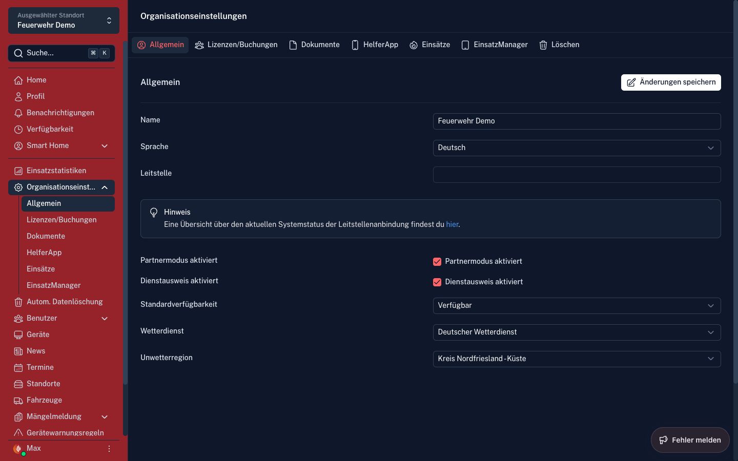 Screenshot: Organisationseinstellungen – Dienstausweis