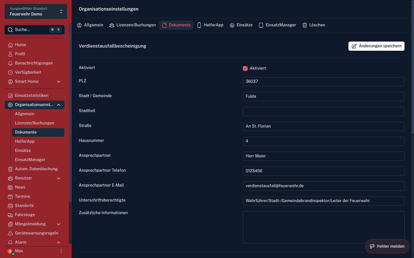 Screenshot: Organisationseinstellungen – Dokumente