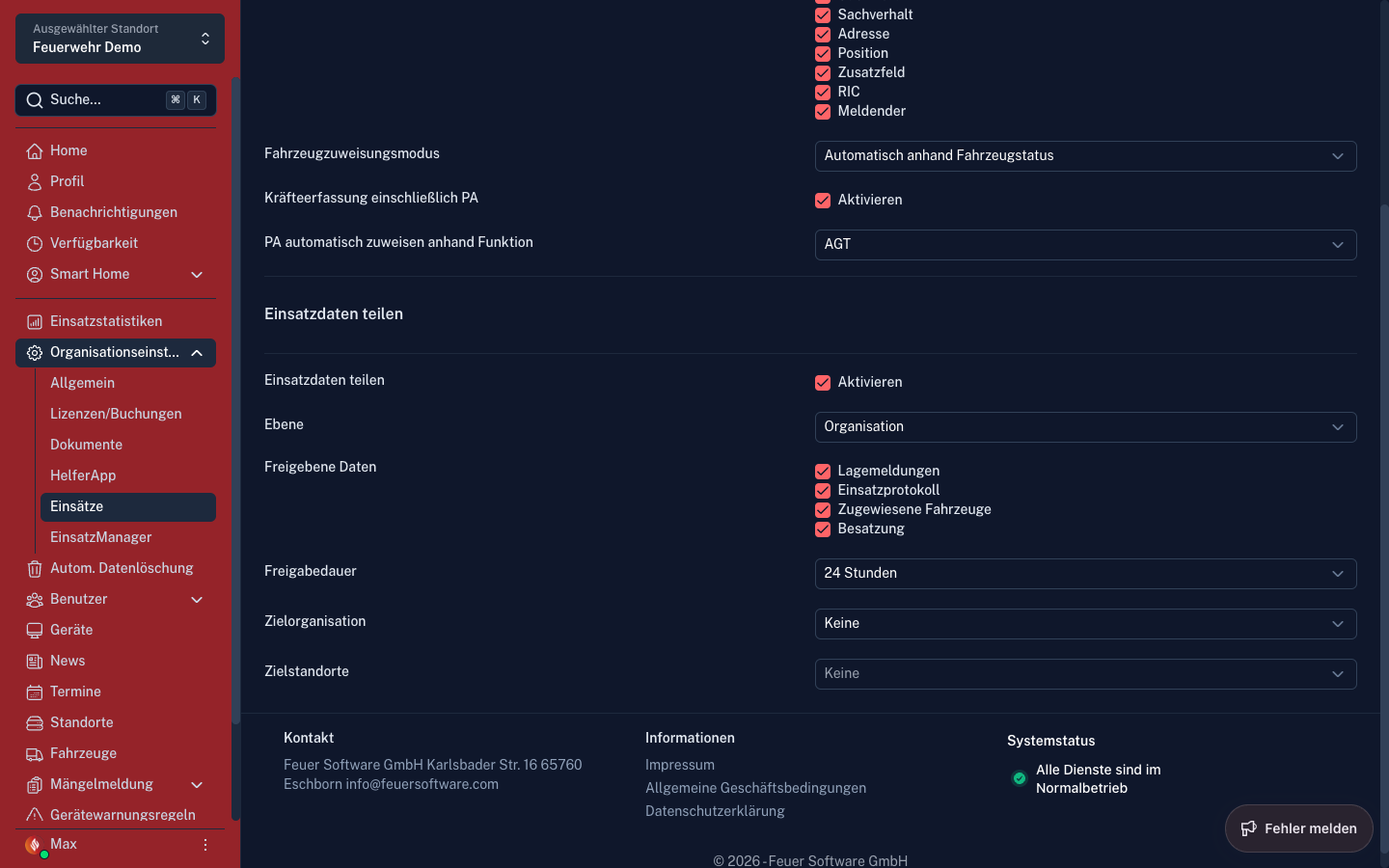 Screenshot: Organisationseinstellungen – Einsatzdaten teilen