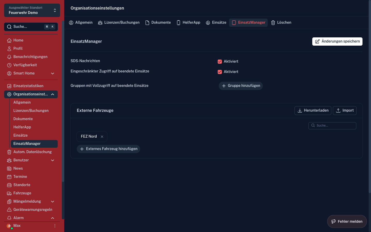 Screenshot: Organisationseinstellungen – EinsatzManager