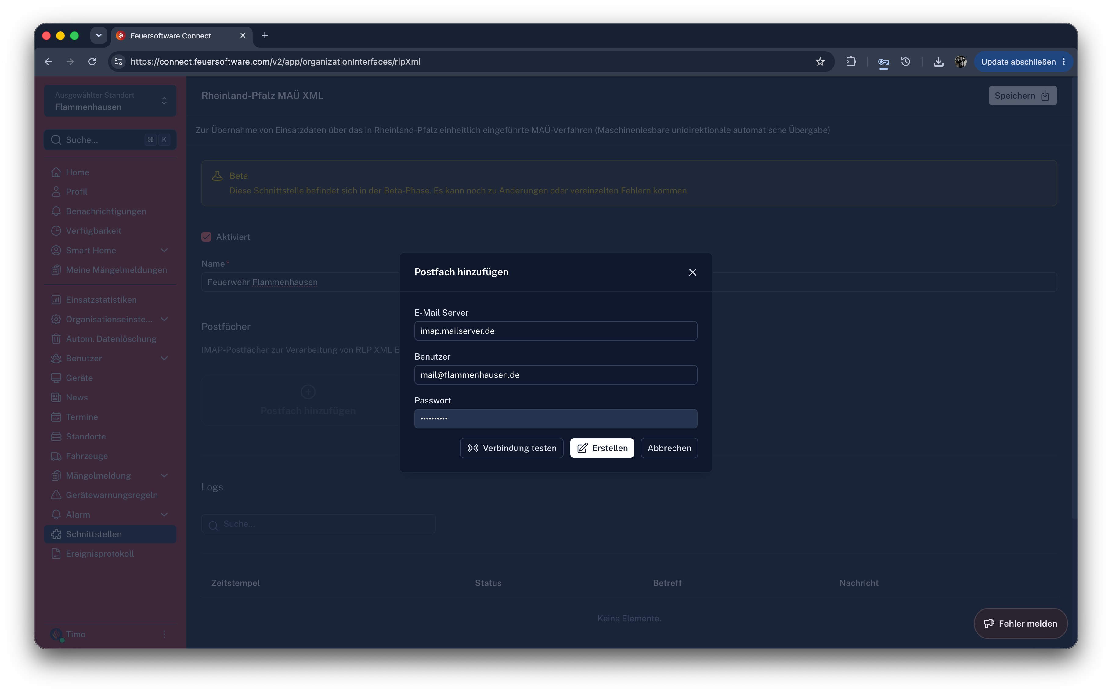 Screenshot: Dialog „Postfach hinzufügen" mit E-Mail Server, Benutzer, Passwort und „Verbindung testen"