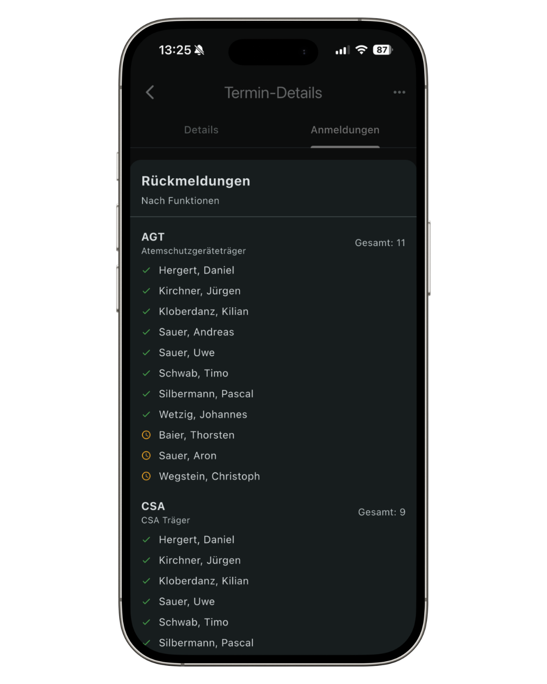 Screenshot: Rückmeldungen nach Funktionen