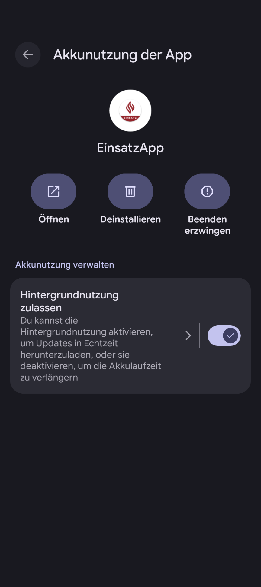 Screenshot: Akkunutzung der App