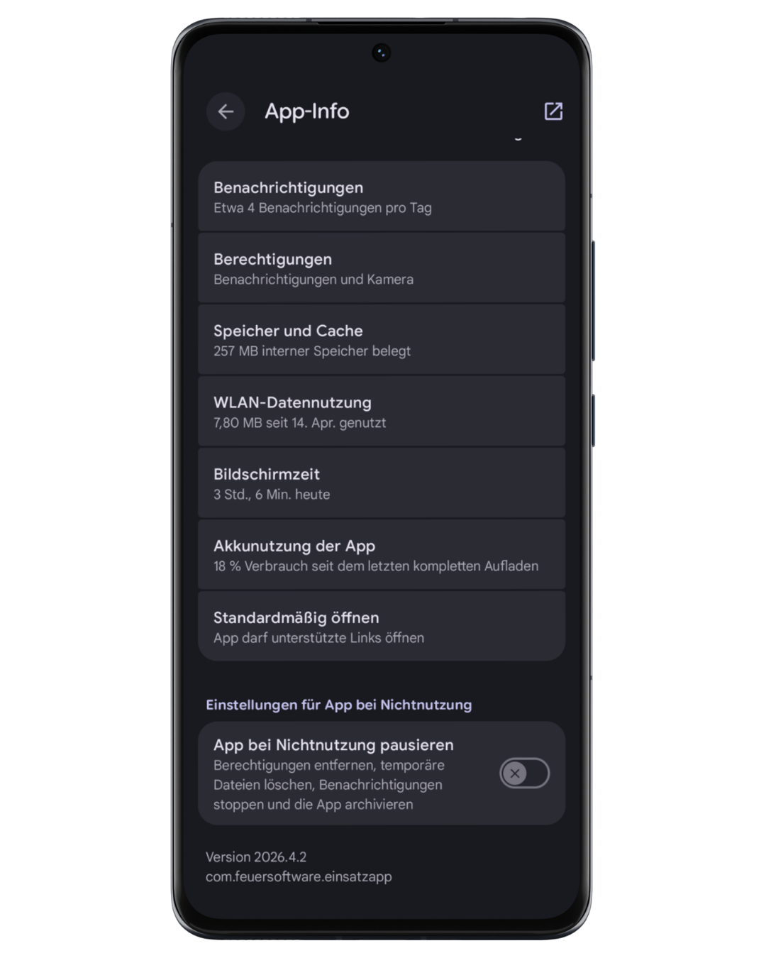 Screenshot: App-Info – App bei Nichtnutzung pausieren