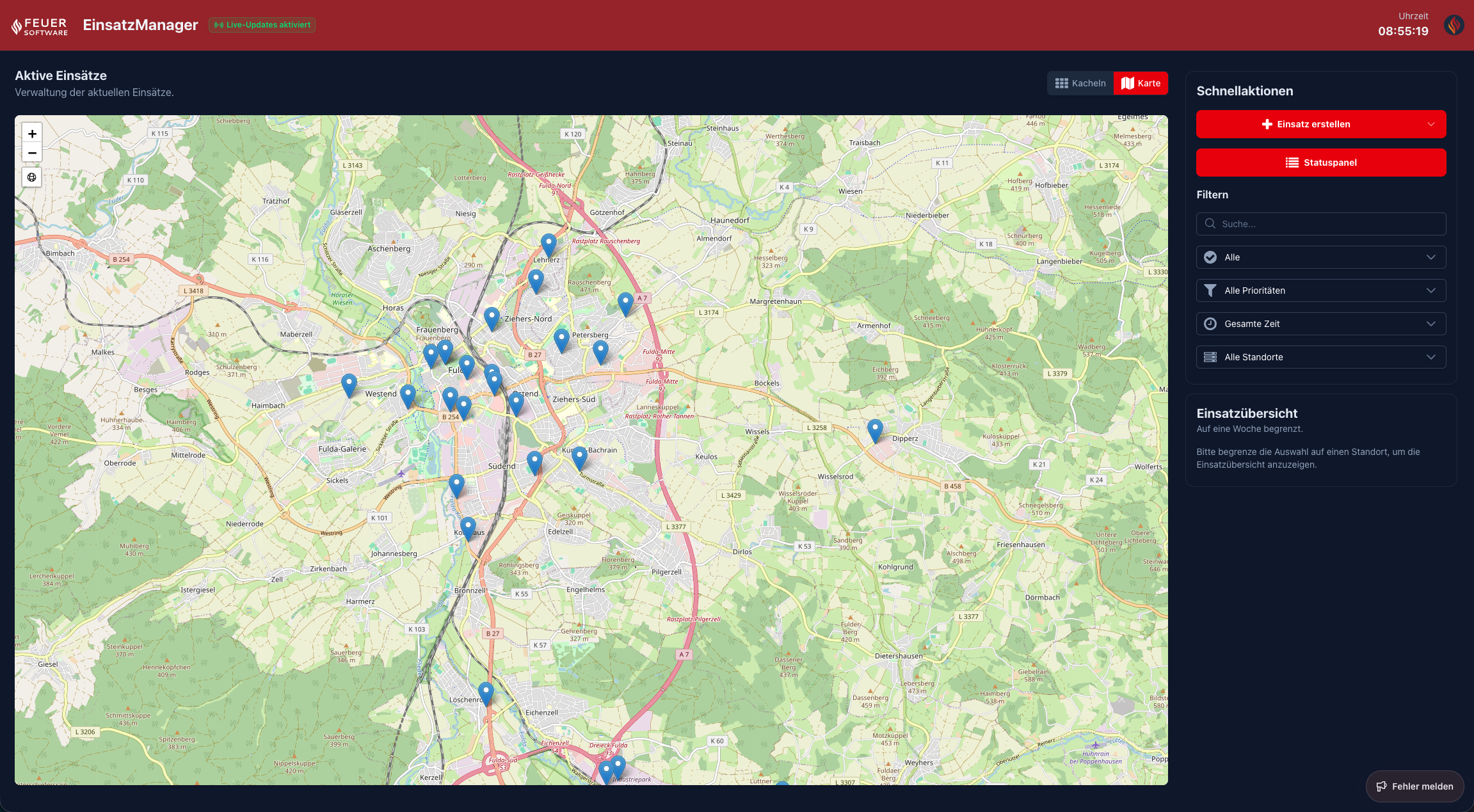 Screenshot: Dashboard Kartenansicht mit Einsatzmarkierungen