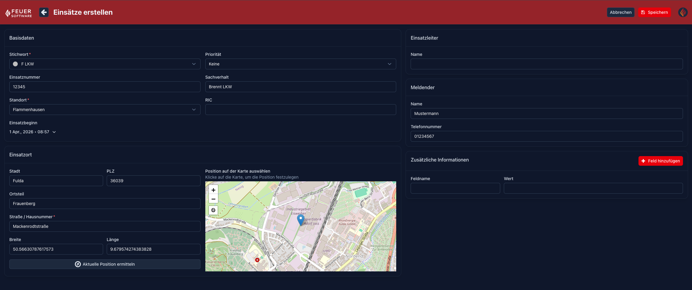 Screenshot: Formular „Einsatz anlegen" in der Gesamtansicht