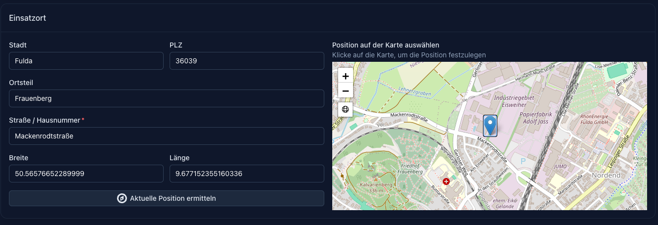 Screenshot: Kartenbereich beim Anlegen eines Einsatzes mit positioniertem Marker