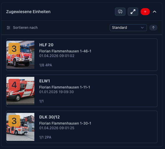 Screenshot: Bereich „Zugeteilte Einheiten" mit Fahrzeugkarten