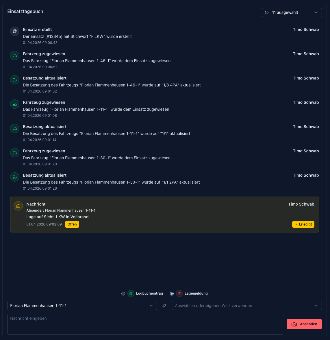 Screenshot: Einsatzprotokoll mit verschiedenen Ereignistypen
