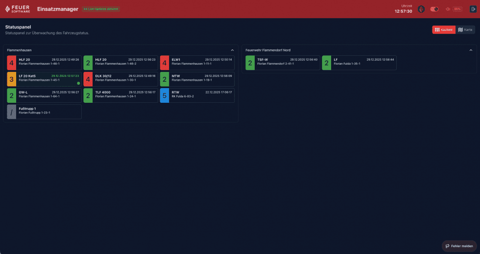 Screenshot: Statuspanel in der Kachelansicht mit mehreren Standorten