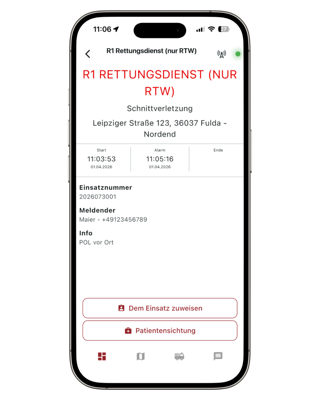 Screenshot: Hauptbildschirm der HelferApp mit Einsatzliste