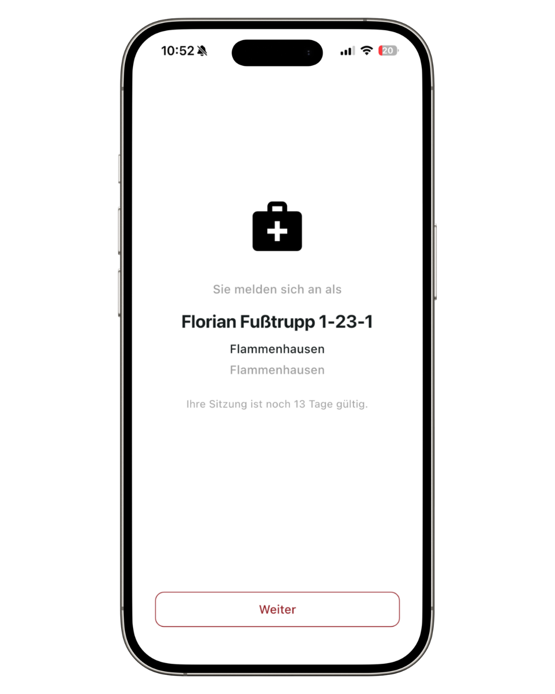 Screenshot: Anmeldebestätigung mit Fahrzeug- und Wacheninformationen