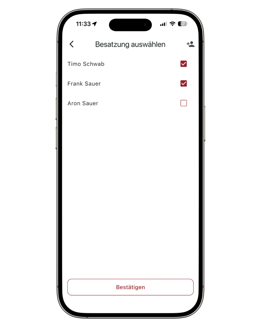Screenshot: Besatzungsauswahl-Bildschirm mit Personenliste