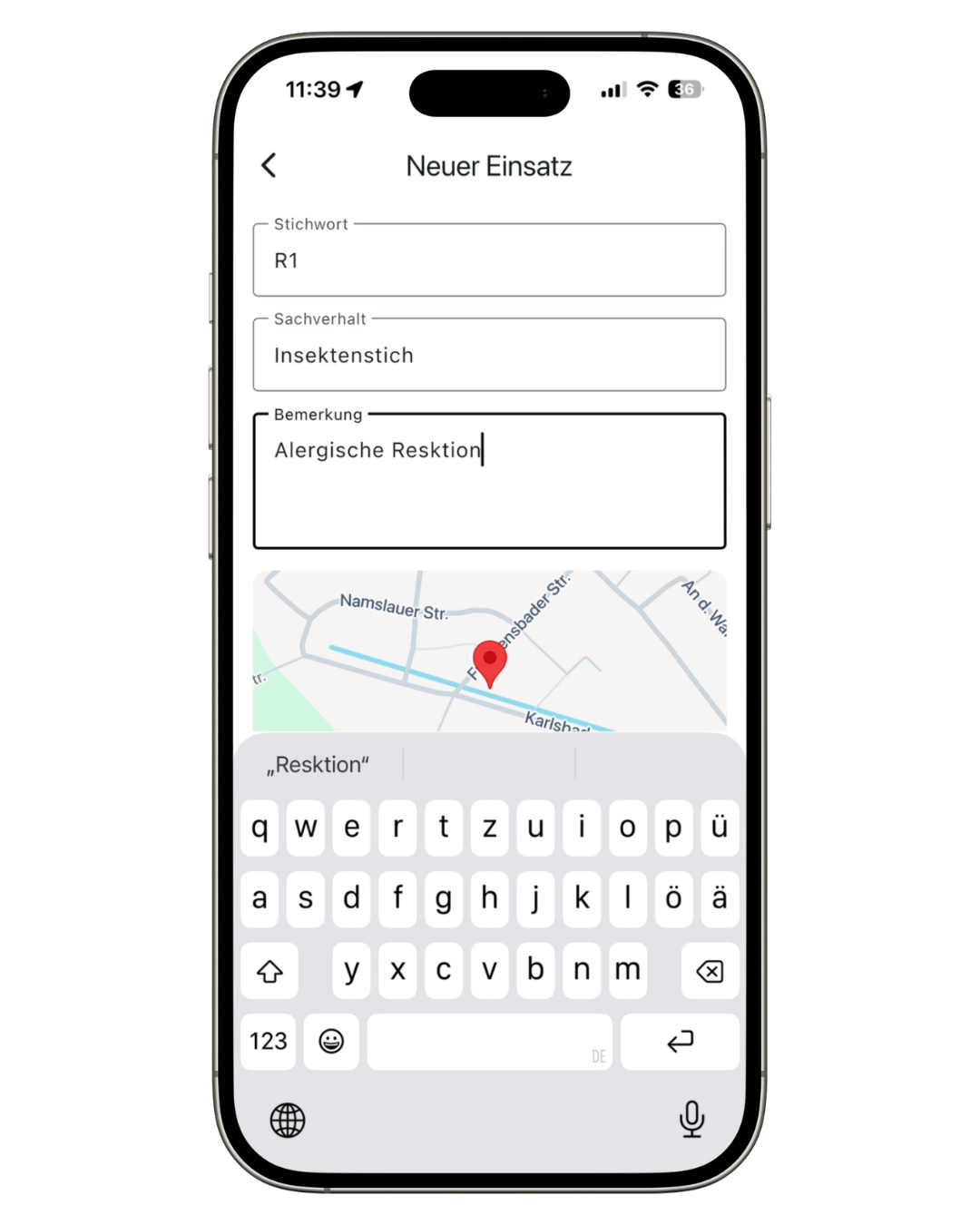Screenshot: Formular „Neuer Einsatz" mit automatisch ermitteltem GPS-Standort
