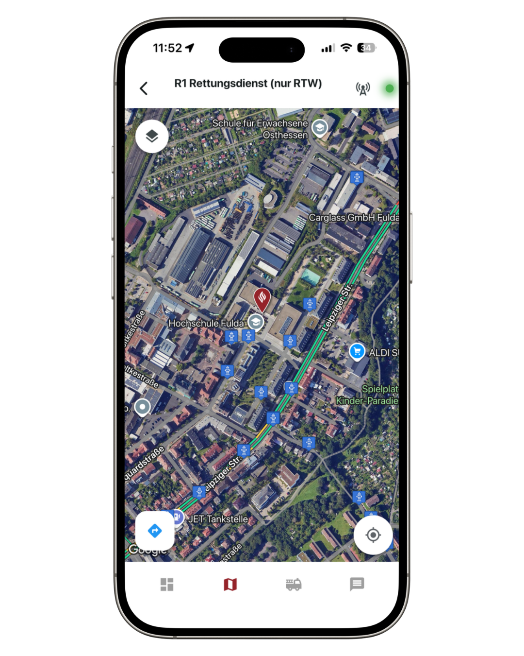 Screenshot: Einsatzdetails – Reiter Karte mit Einsatzort-Marker und Fahrzeugpositionen