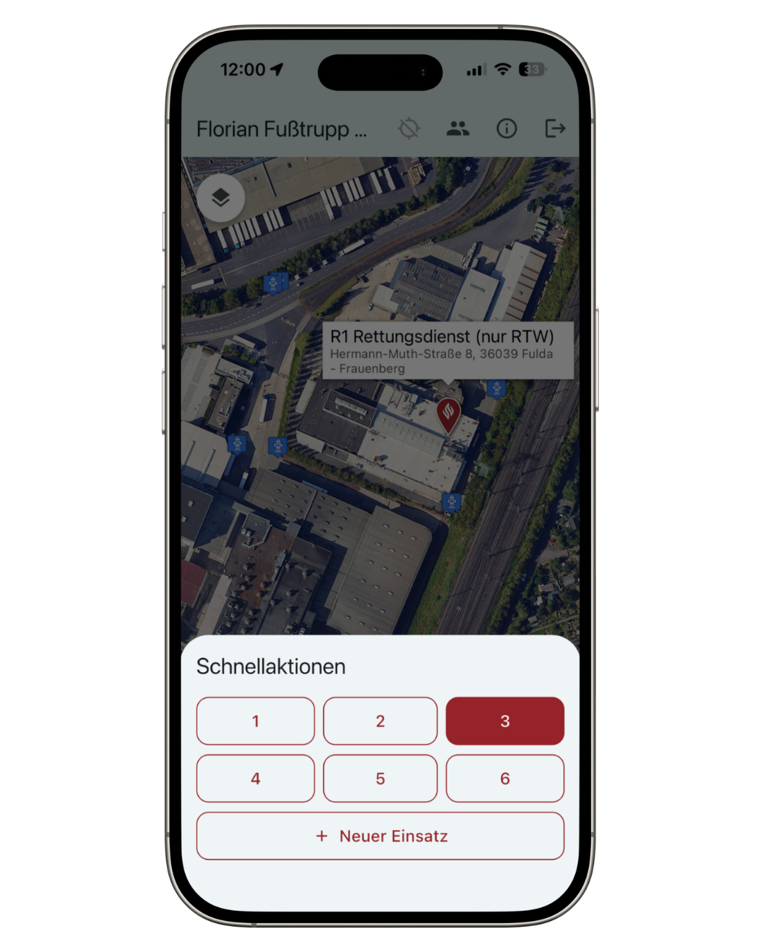 Screenshot: Aufgeklapptes Aktionsbutton-Menü mit Statusmeldungen und Neuer Einsatz