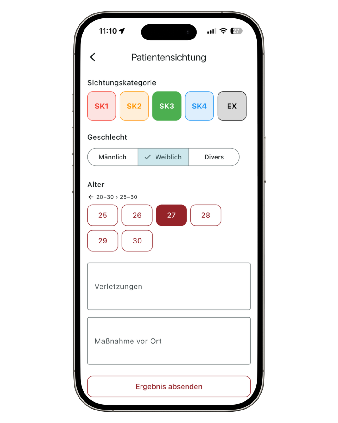 Screenshot: Triage-Formular mit Sichtungskategorie-Auswahl